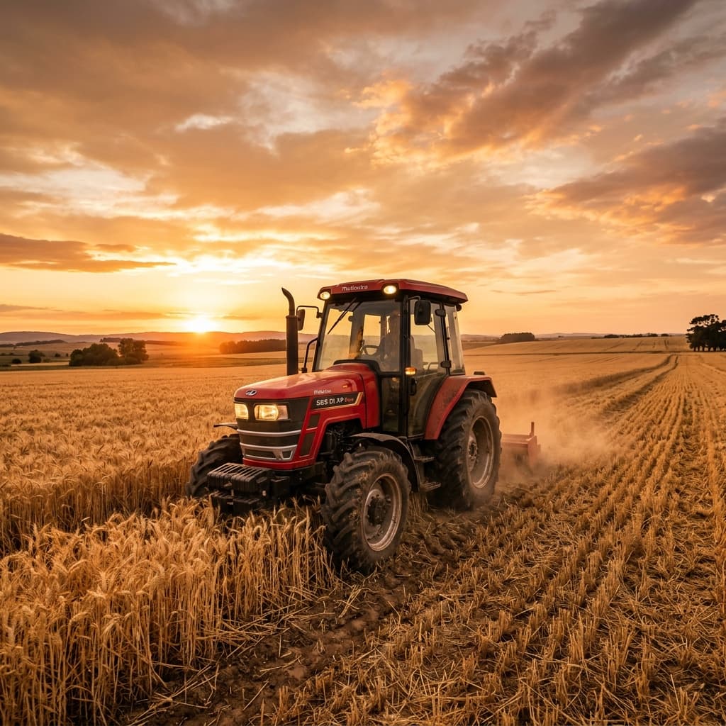 Mahindra Tractor in golden wheat field at sunset